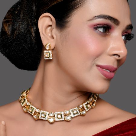 Handcrafted Pearl Polki Necklace Set with Matching Stud Earrings