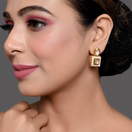 Handcrafted Square Mirror Drop Earrings with Crystal Border