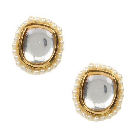 Mirror Stone Stud Earrings with Pearl Border Finish