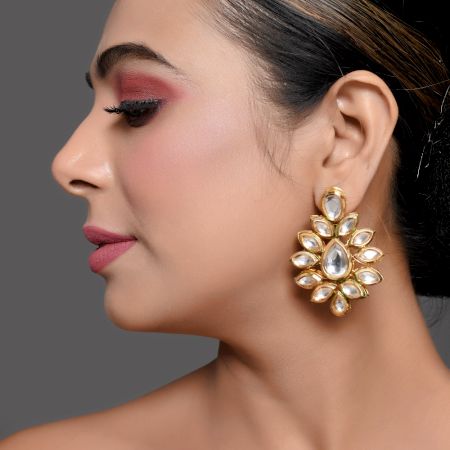 Floral Mirror Stone Stud Earrings with Heritage Finish