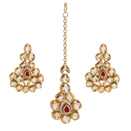 Mirror Stone Earrings and Maang Tikka Set with Ruby Accent