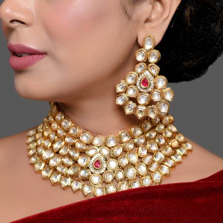 Royal Mirror Stone Bridal Choker Necklace Set with Earrings and Maang Tikka