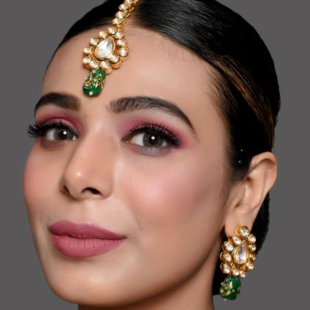 Green Enamel Mirror Stone Choker Necklace Set with Earrings and Maang Tikka