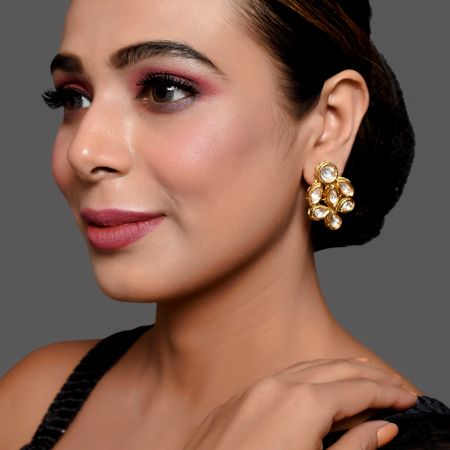 Petal Cluster Mirror Stud Earrings with Gold Tone Finish