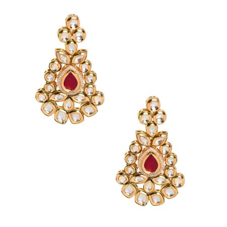 Floral Mirror Stone Statement Earrings with Ruby Accent