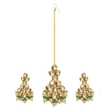 Handcrafted Ivory Pearl and Mint Stone Chandelier Earring Set with Maang Tikka