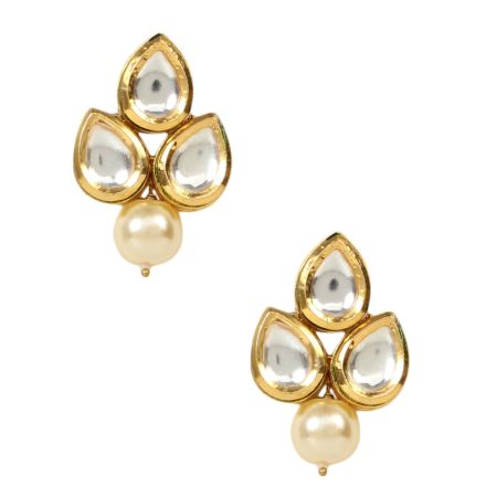Pearl Drop Mirror Stud Earrings with Triple Teardrop Design