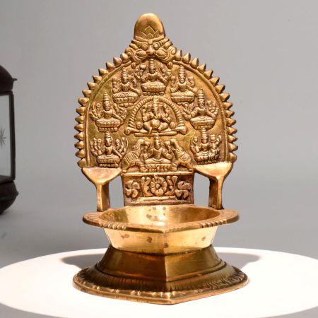 Vintage Brass Ashtalakshmi Diya Oil Lamp for Home Temple