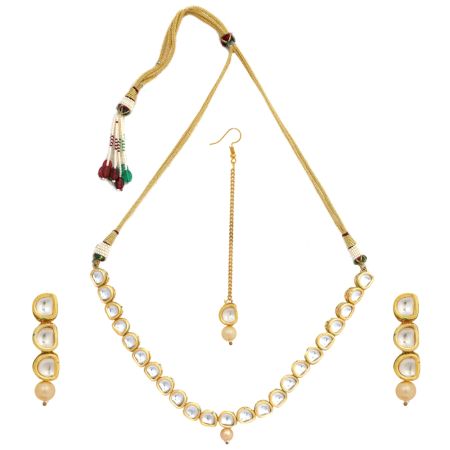 Handmade Minimal Kundan Necklace Set With Earrings And Maang Tikka