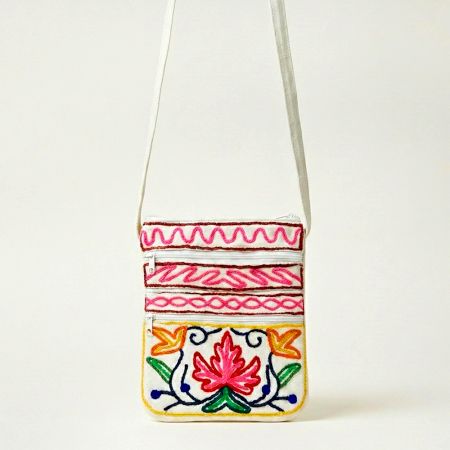 Hand Embroidered Kashmiri Wool & Canvas Crossbody Bag with Floral Motifs