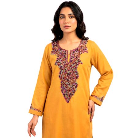 Mustard Kashmiri Cotton Viscose Kurta with Handworked Paisley Neck Panel