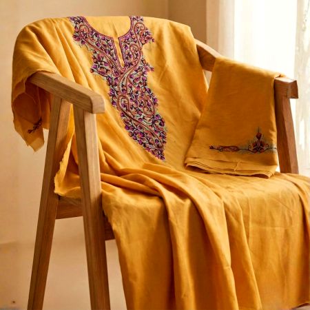 Mustard Kashmiri Cotton Viscose Kurta with Handworked Paisley Neck Panel