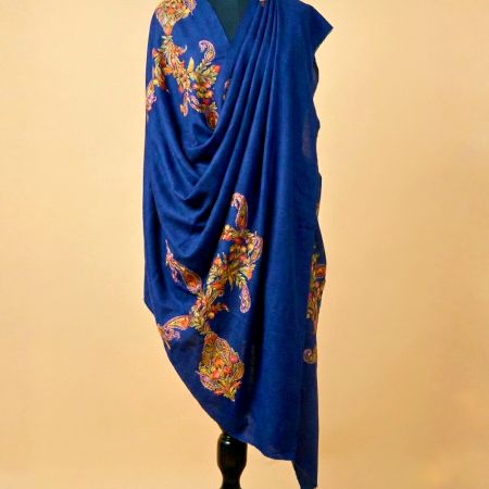 Kashmiri Hand Embroidered Blue Wool & Cashmere Shawl