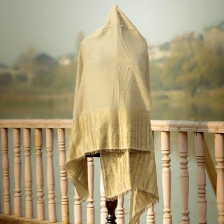 Solid Ivory Wool Pashmina Shawl with Subtle Striped Border