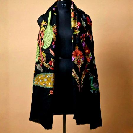 Kashmiri Black Woolen Cashmere Shawl with Hand Embroidered Birds