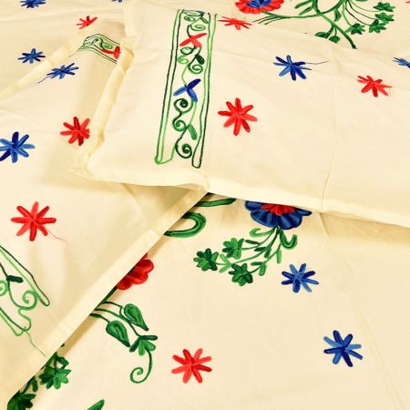 Cream Handmade Double Bed Sheet Linen with Multicolor Floral Design Beautiful Decorative Stylish