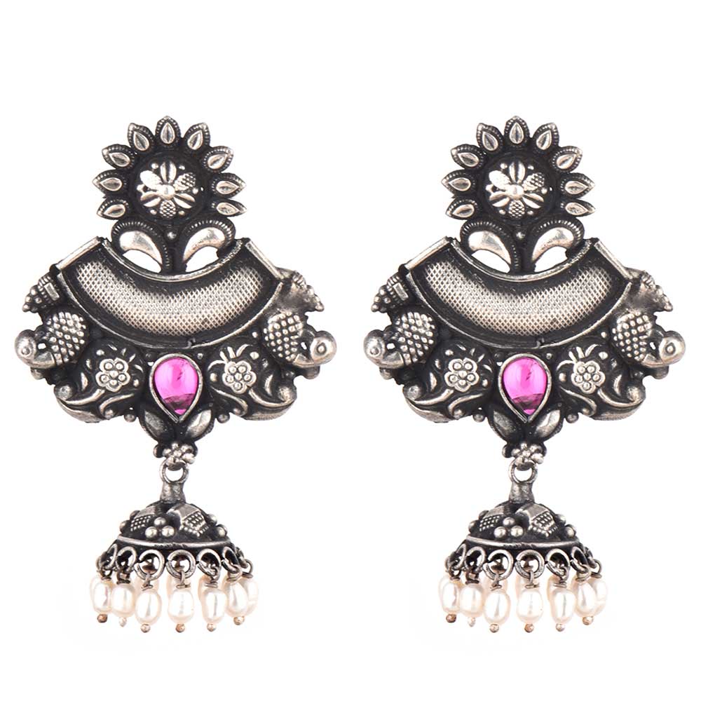 Tribal Handmade 92.5 Sterling silver Earrings Oxidized Danglers with Pink Howelite And Pearl Beads