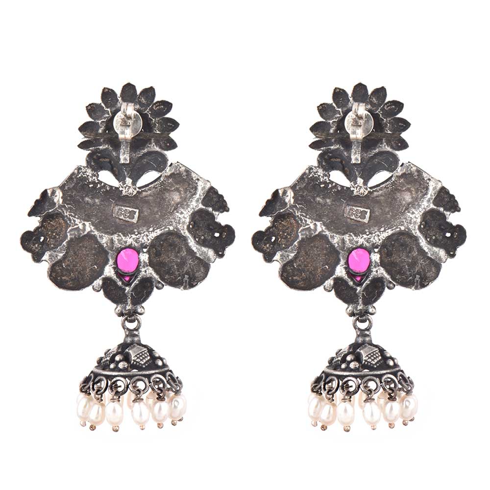 Tribal Handmade 92.5 Sterling silver Earrings Oxidized Danglers with Pink Howelite And Pearl Beads
