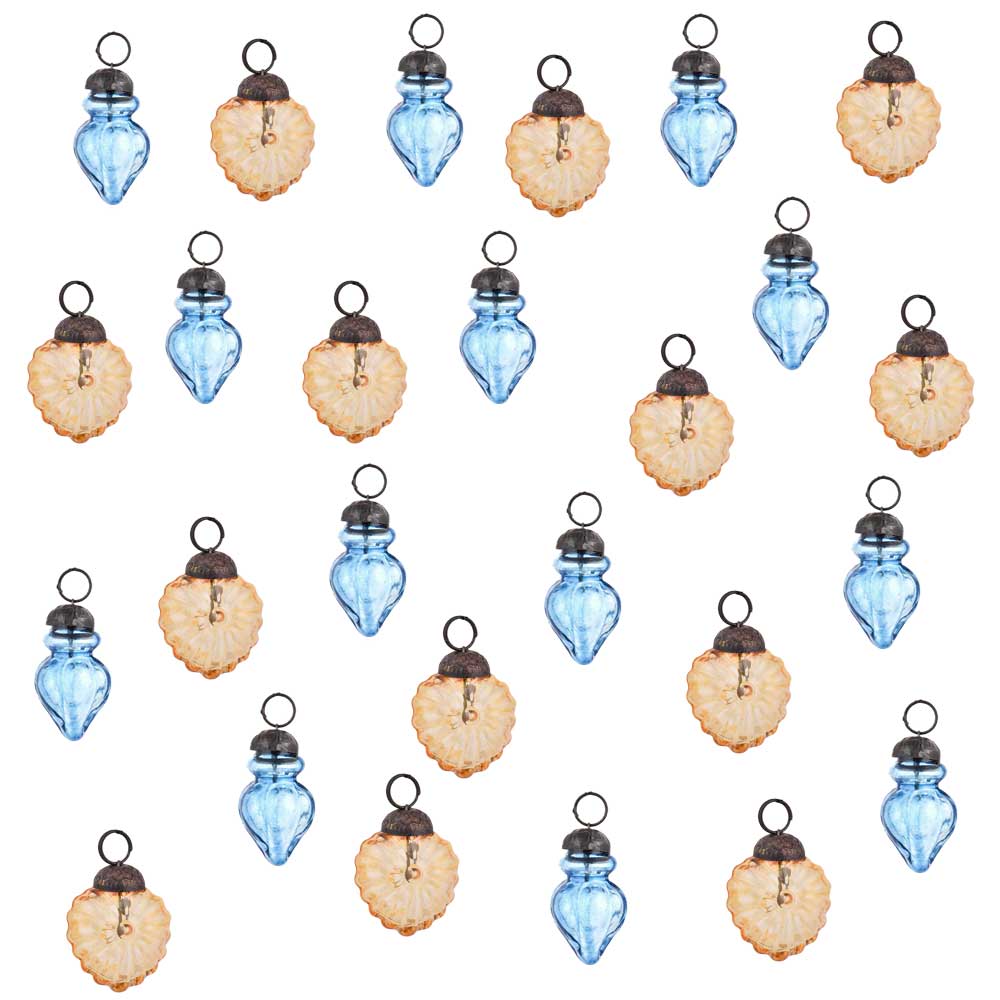 Amber Slate Blue Combo Glass Tiny Christmas Hanging Set of 25