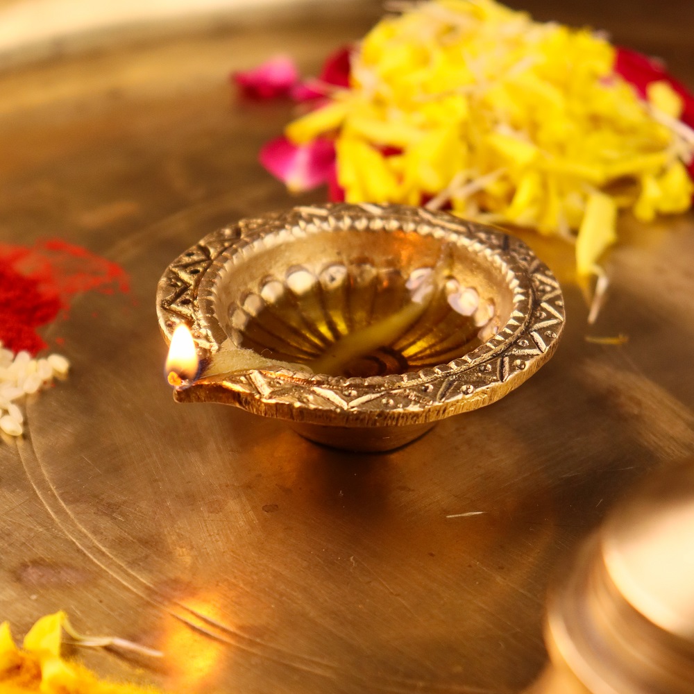 Tribal Design Round Brass Oil Lamp Diya