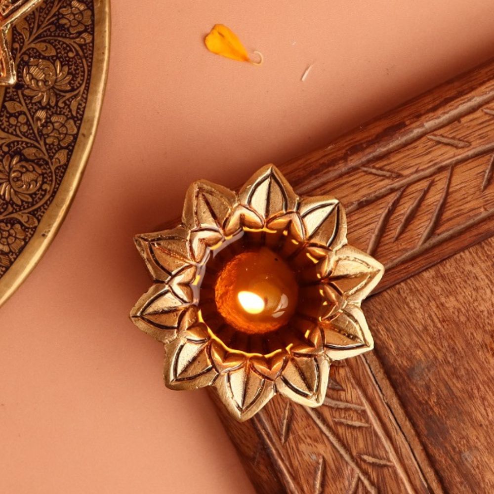 Hindu religious Brass Open Flower Oil Lamp