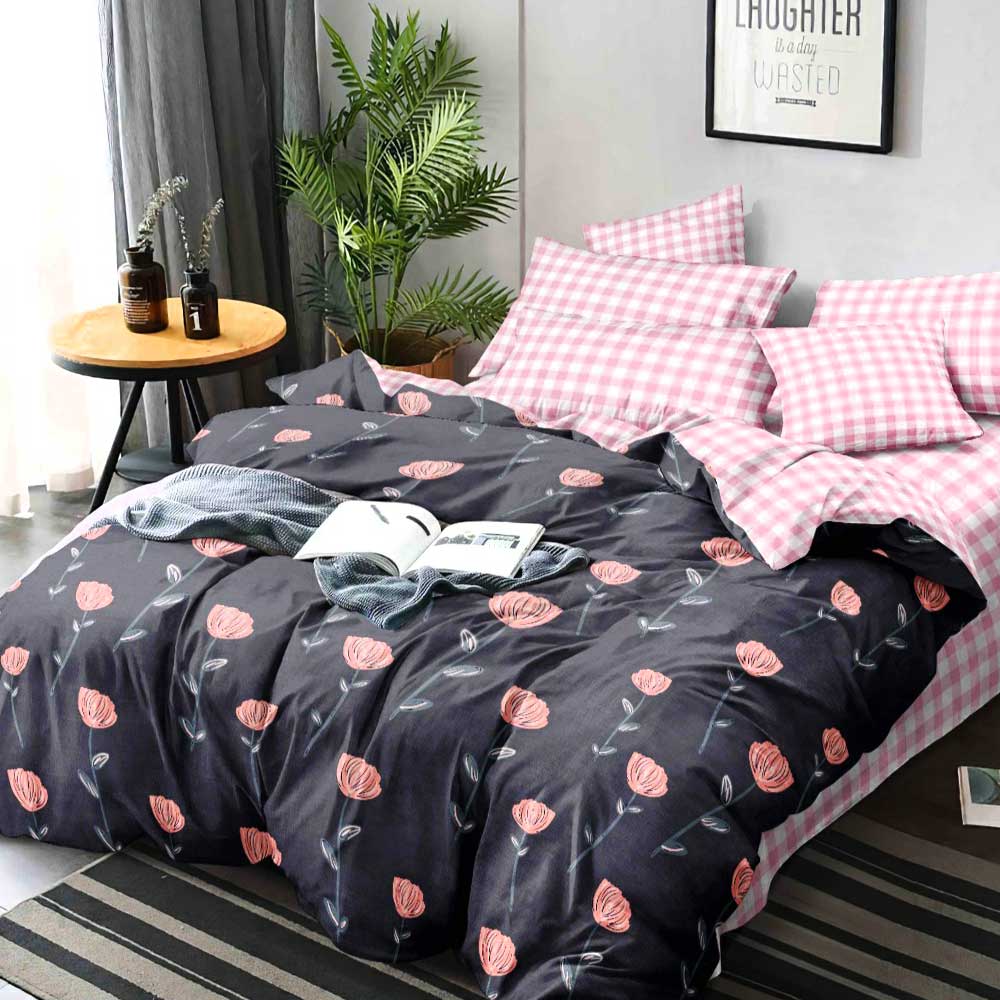 Pink Lilies And Checks Micro Fabric Double Bedsheet Comforter Set With two Pillow Covers