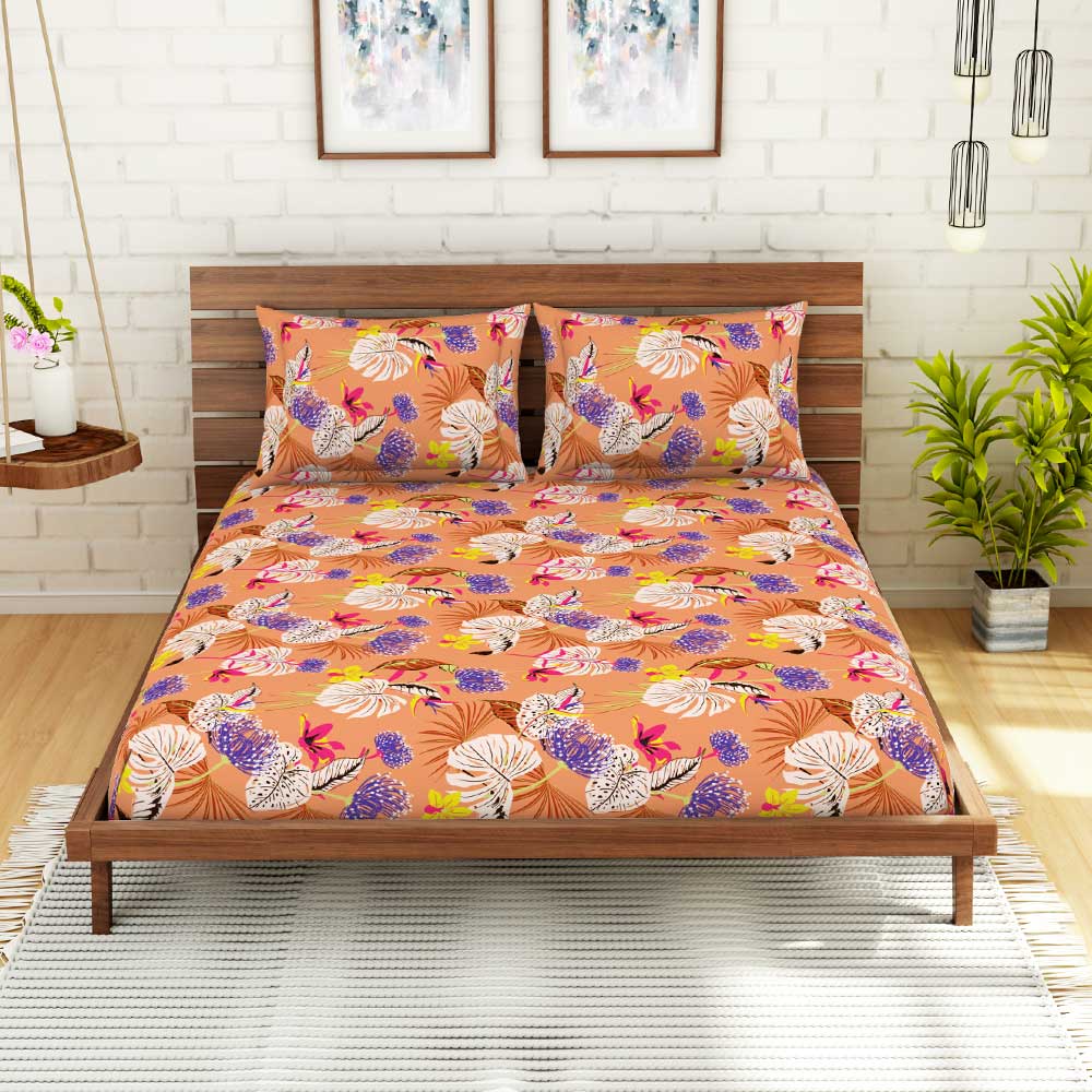 Orange Spaces 104 TC Cotton Double Bed Sheet with 2 Pillow Covers