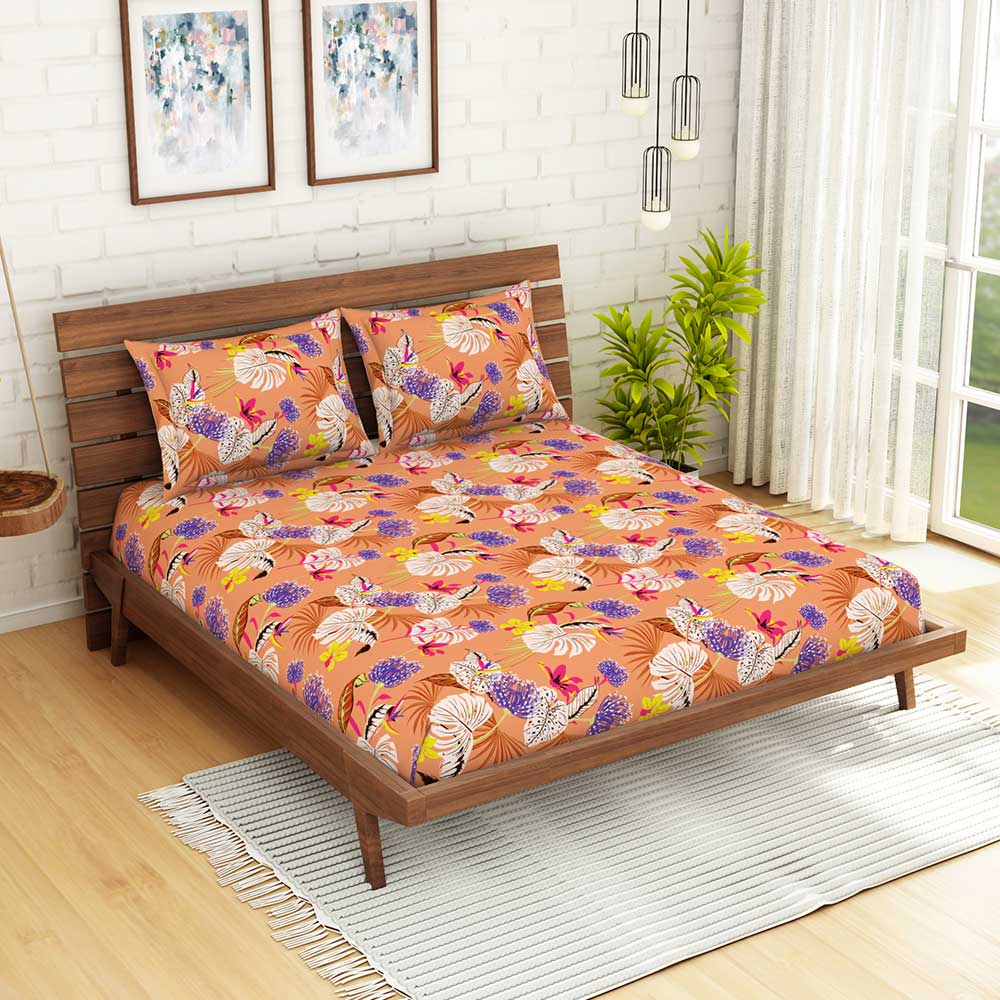 Orange Spaces 104 TC Cotton Double Bed Sheet with 2 Pillow Covers
