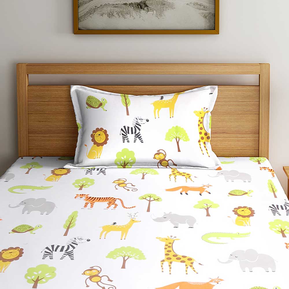 Multi Color Chic Zoo Animals Home Kids 180 TC Cotton Single Bedsheet with One Pillow Cover