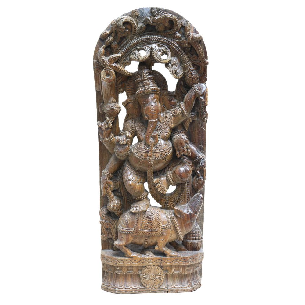 Wooden Prabhavali Ganesha On Mooshak Statue Showpiece