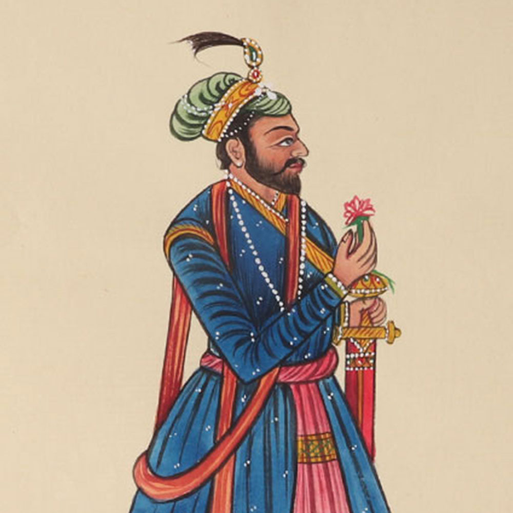Miniature Watercolor Painting of a Mughal King