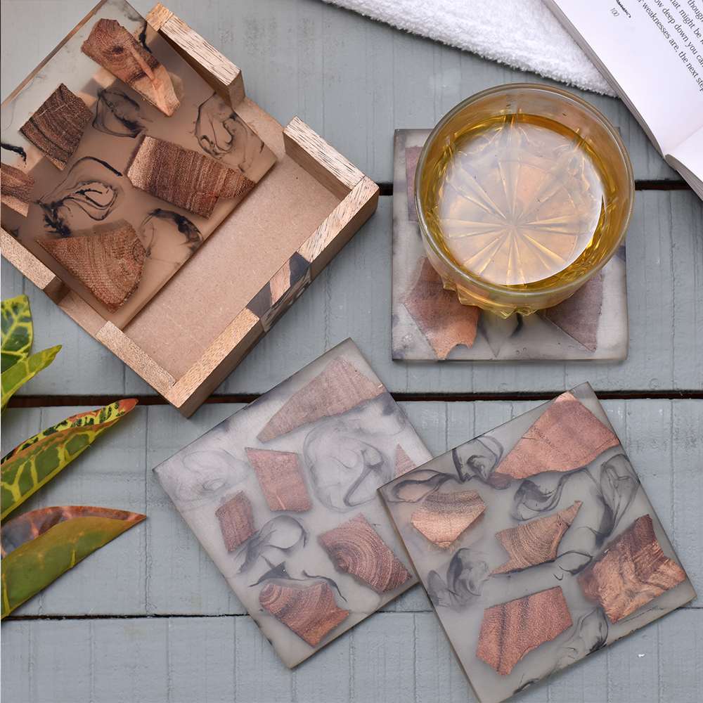 Handmade Clear Epoxy Resin and Cedar Wood Set of 4 Decorative Table Coasters with Cover