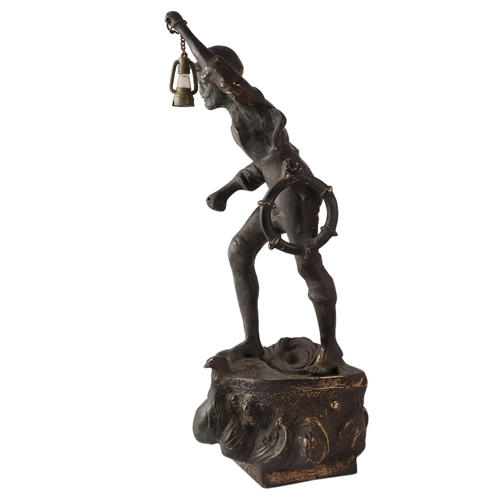 Brass Man Statue with Lamp in French Art