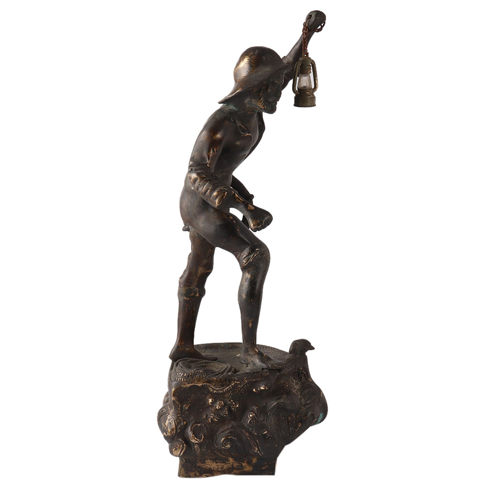 Brass Man Statue with Lamp in French Art