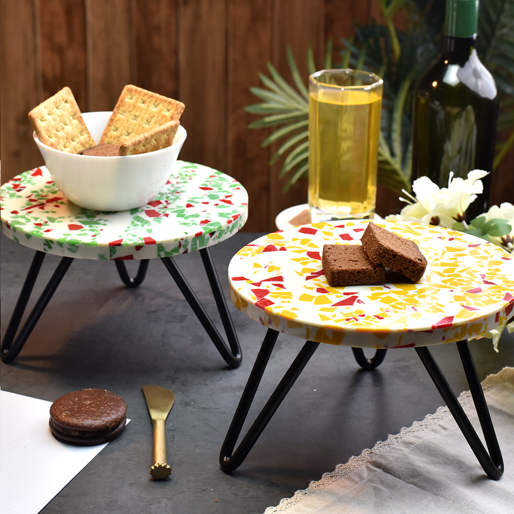 Orange and Green Terrazzo Wood and Resin Cake Stand for Dessert, Fruit and Planter