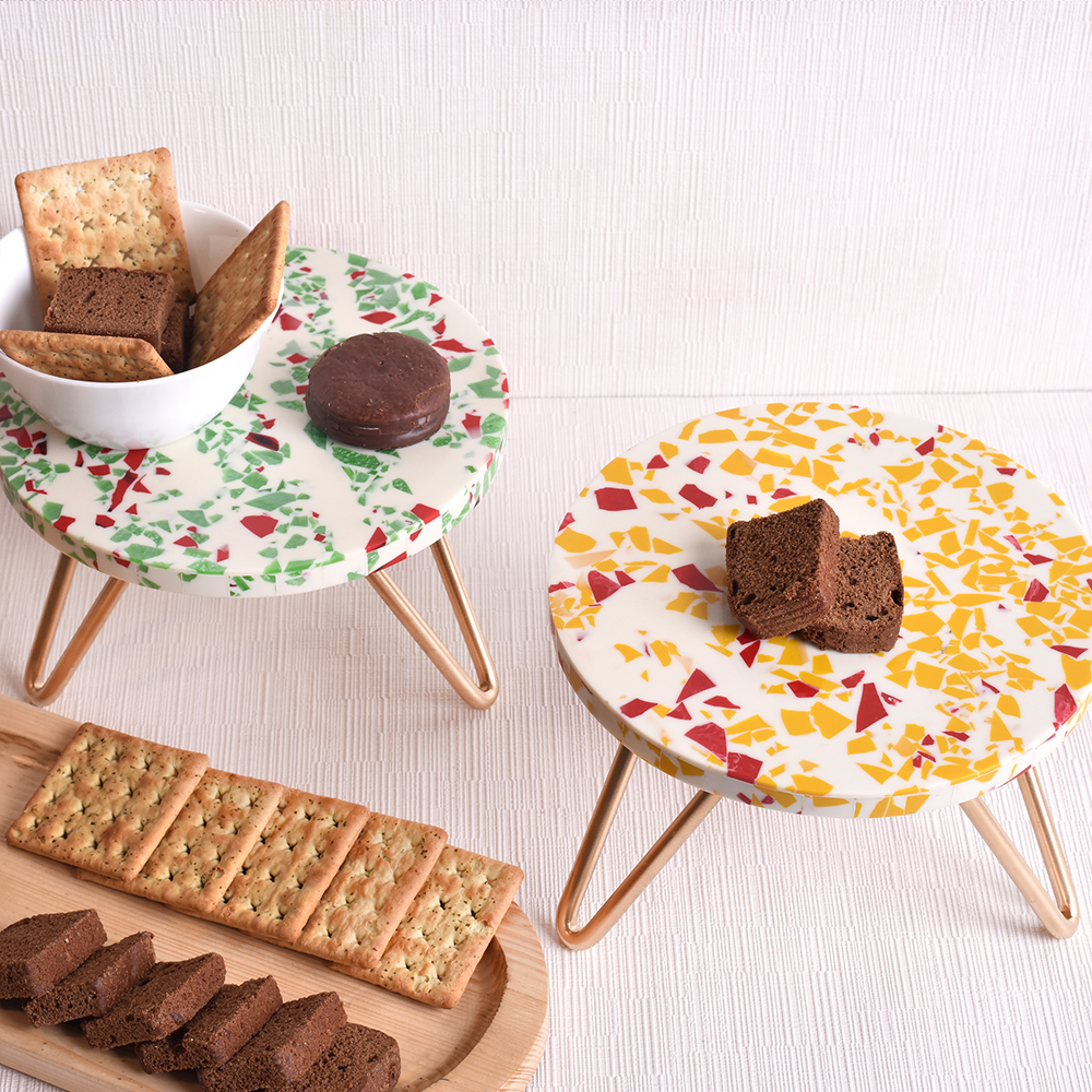 Orange and Green Terrazzo Wood and Resin Cake Stand for Dessert, Fruit and Planter