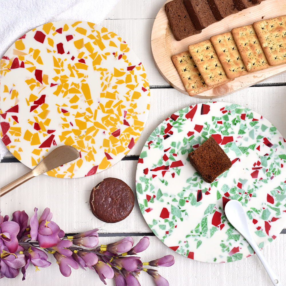 Orange and Green Terrazzo Wood and Resin Cake Stand for Dessert, Fruit and Planter