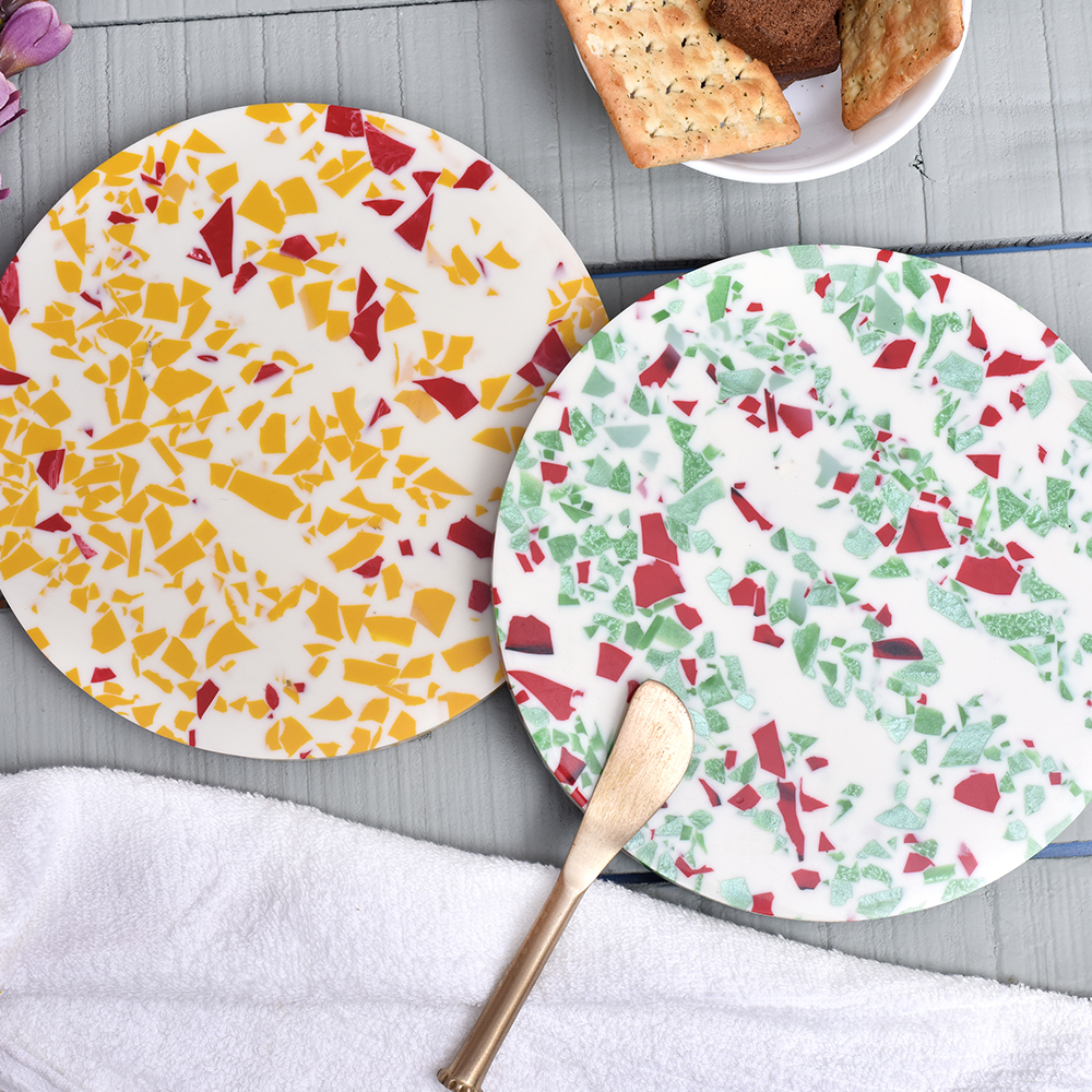 Orange and Green Terrazzo Wood and Resin Cake Stand for Dessert, Fruit and Planter