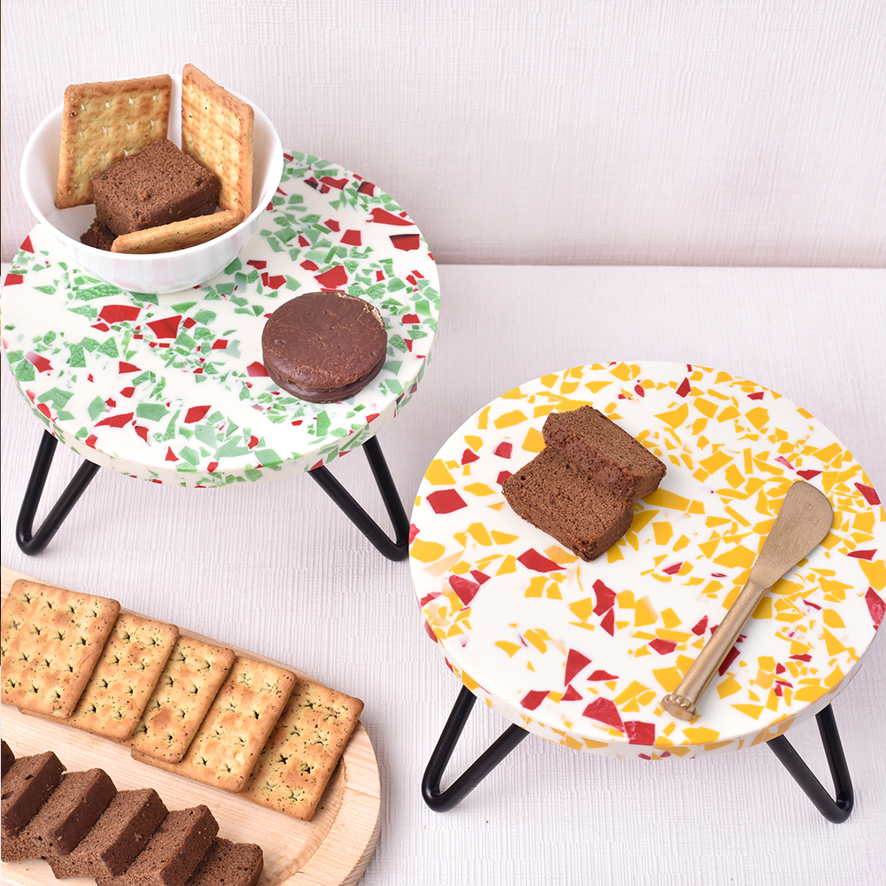 Orange and Green Terrazzo Wood and Resin Cake Stand for Dessert, Fruit and Planter