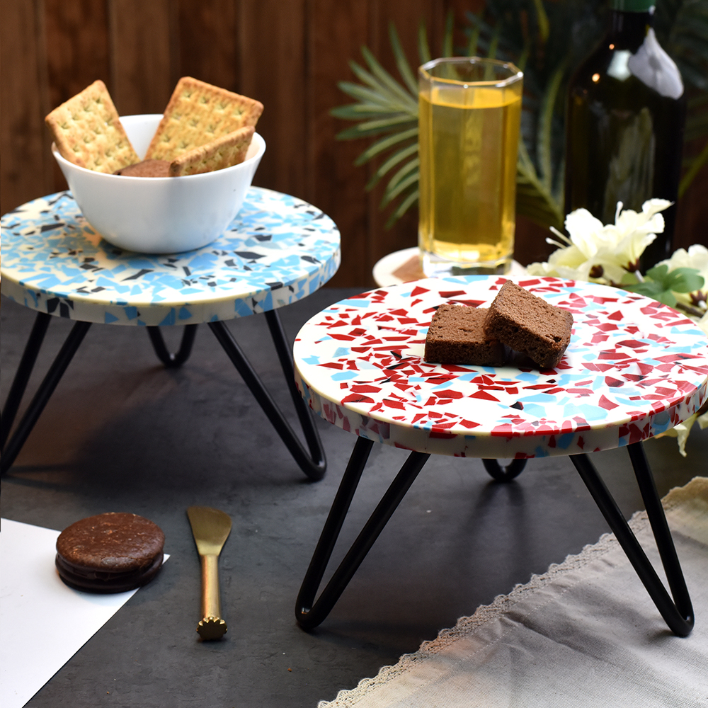 Turquoise and Red Terrazzo Wood and Resin Cake Stand for Dessert, Fruit and Planter