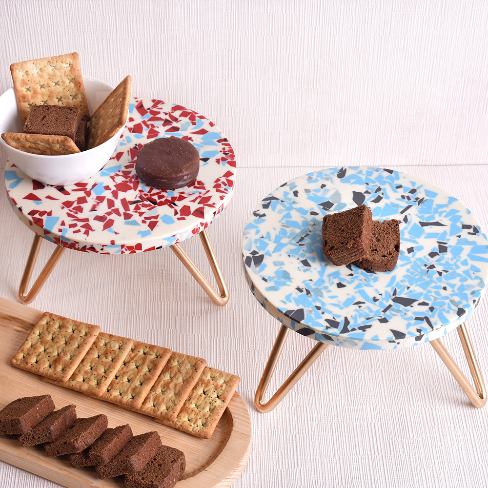 Turquoise and Red Terrazzo Wood and Resin Cake Stand for Dessert, Fruit and Planter