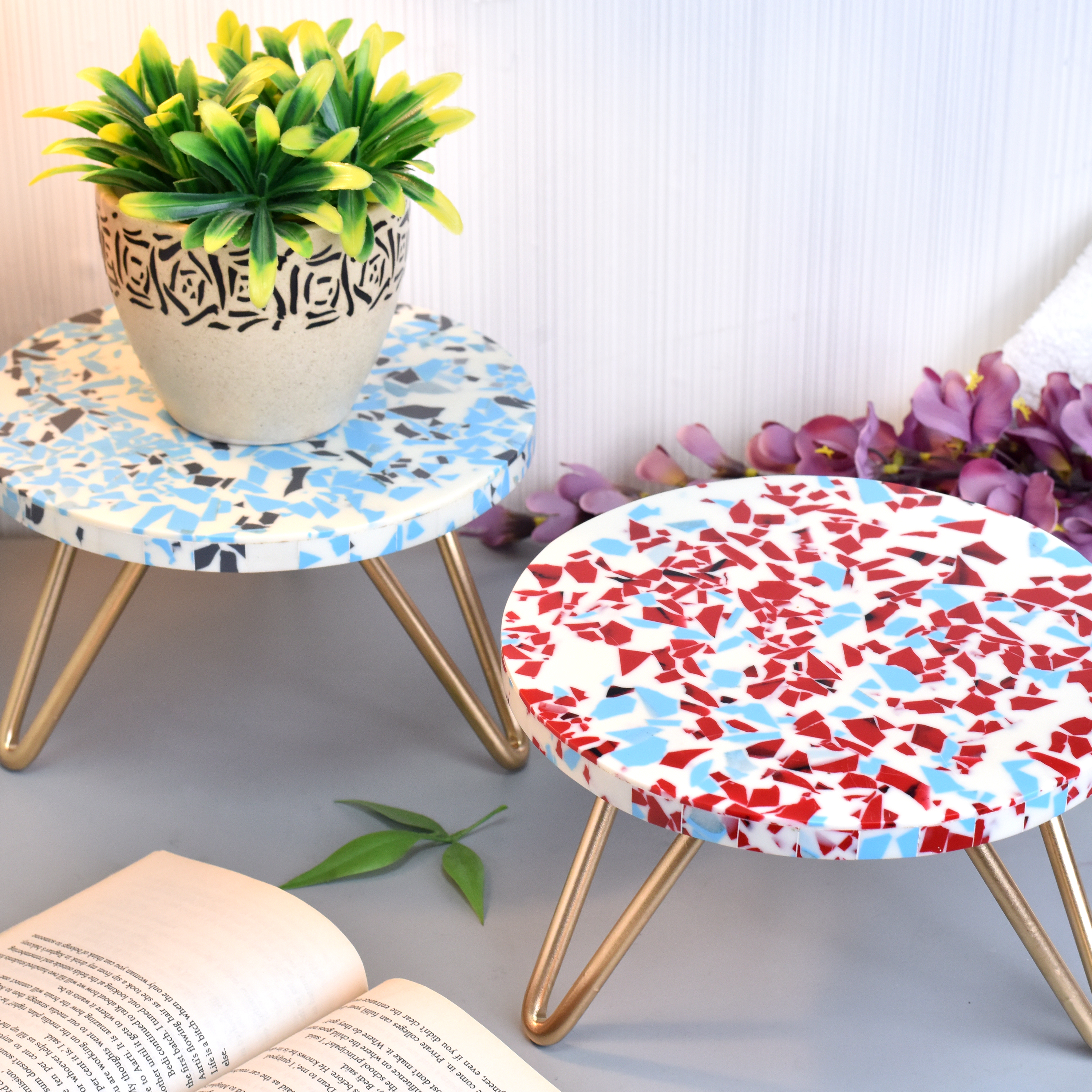 Turquoise and Red Terrazzo Wood and Resin Cake Stand for Dessert, Fruit and Planter