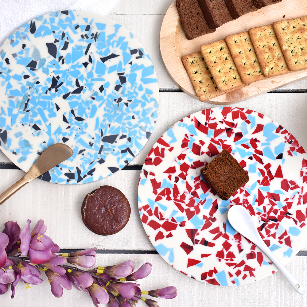 Turquoise and Red Terrazzo Wood and Resin Cake Stand for Dessert, Fruit and Planter