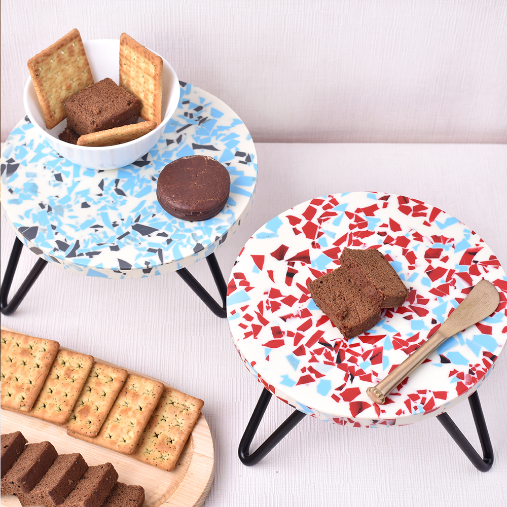 Turquoise and Red Terrazzo Wood and Resin Cake Stand for Dessert, Fruit and Planter