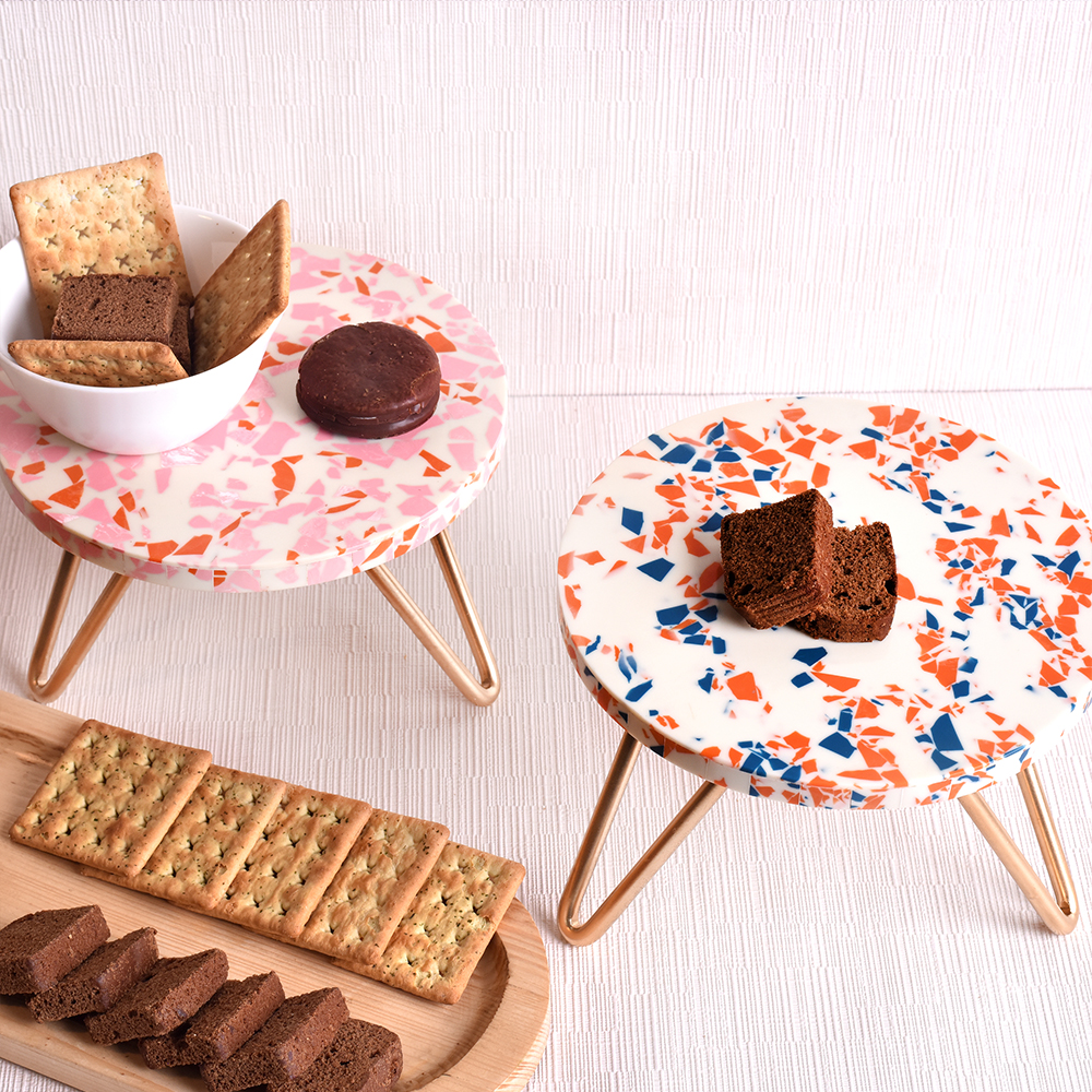 Pink and Orange Terrazzo Wood and Resin Cake Stand for Dessert, Fruit and Planter