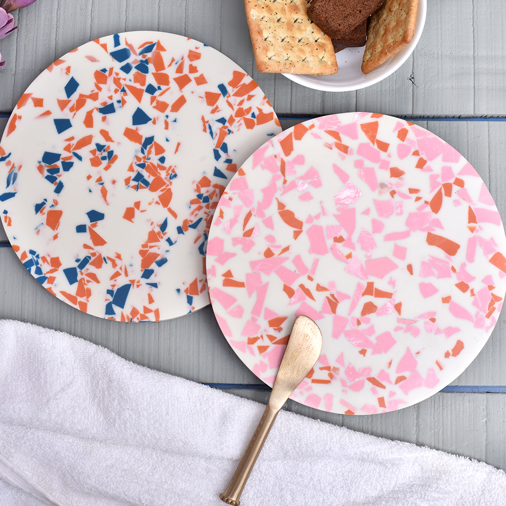 Pink and Orange Terrazzo Wood and Resin Cake Stand for Dessert, Fruit and Planter
