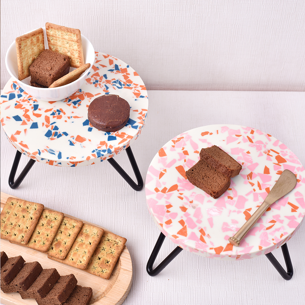Pink and Orange Terrazzo Wood and Resin Cake Stand for Dessert, Fruit and Planter