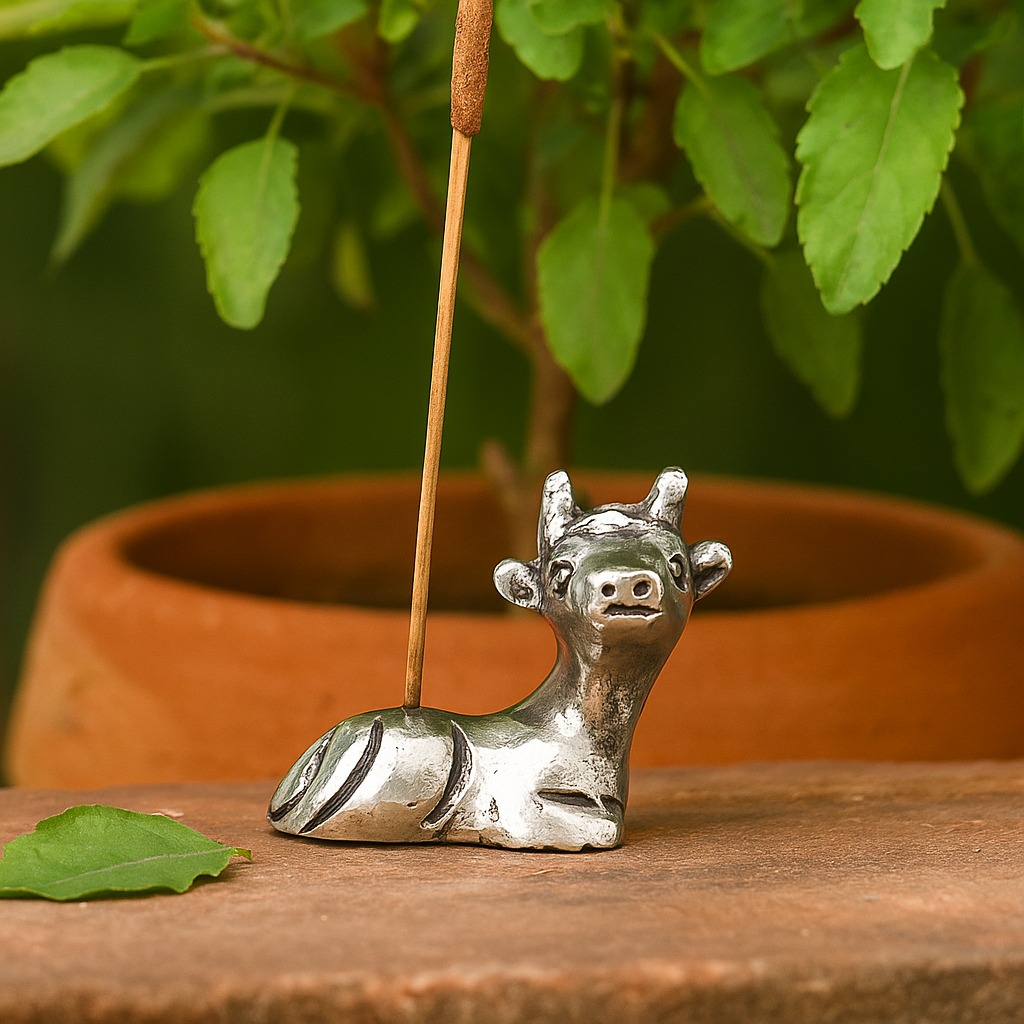 Silver Brass Mini Cow Incense Stick Holder