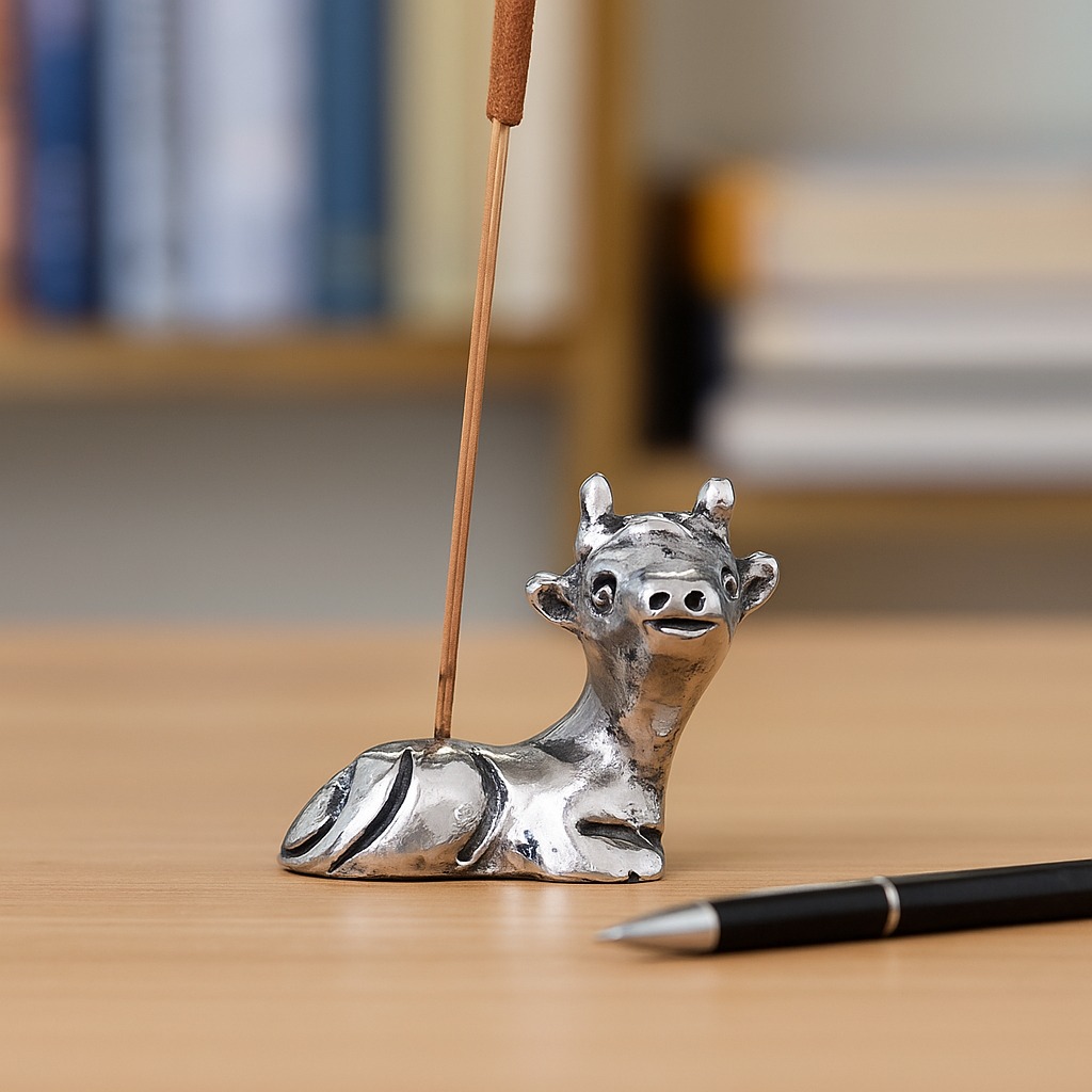 Silver Brass Mini Cow Incense Stick Holder