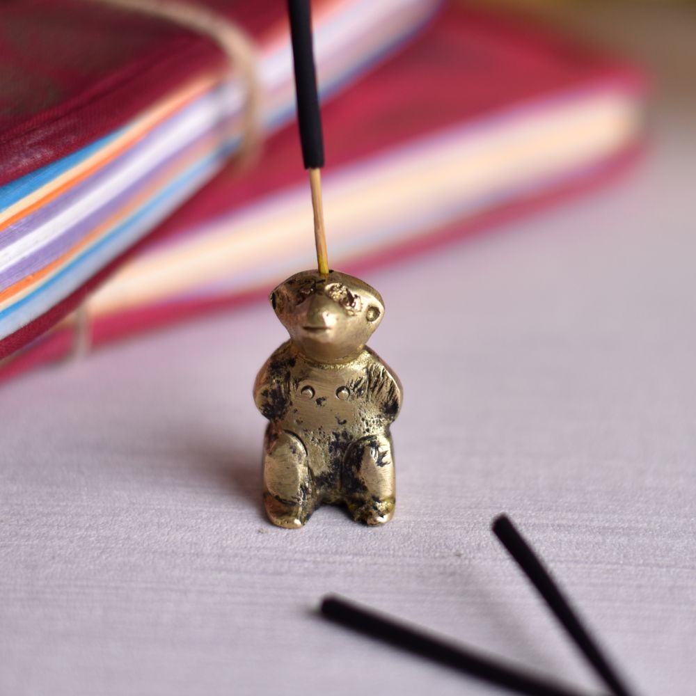 Antique Golden Brass Bear Agarbatti Holder Stand